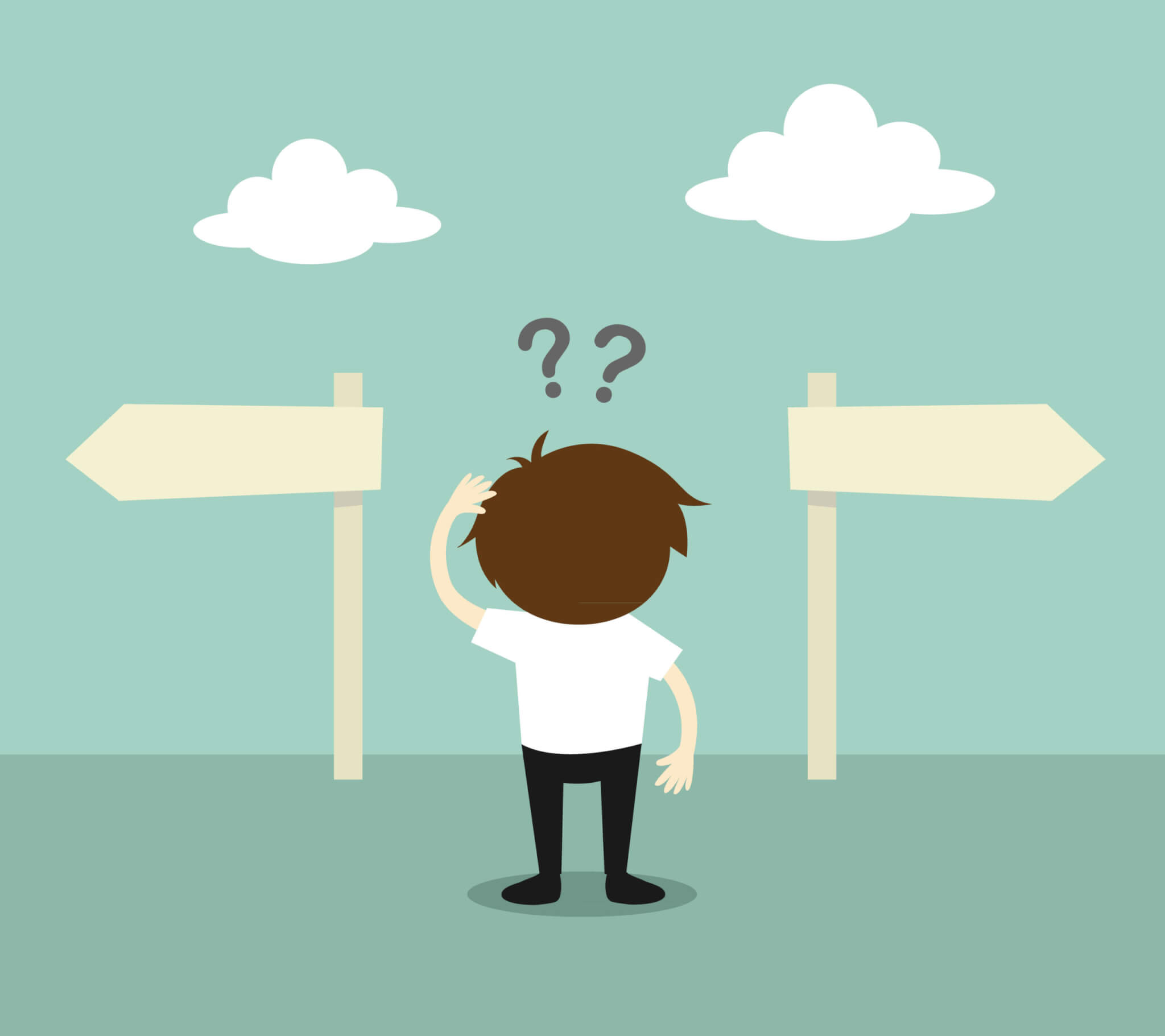 Cartoon image of man looking confused at signpost