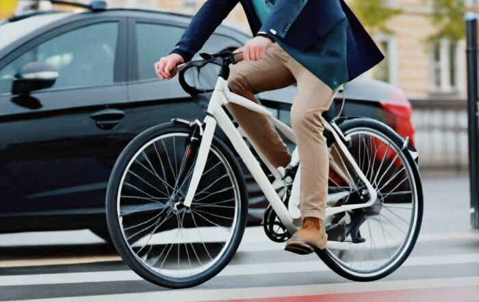 Cyclist on busy city street being overtaken by a car.
