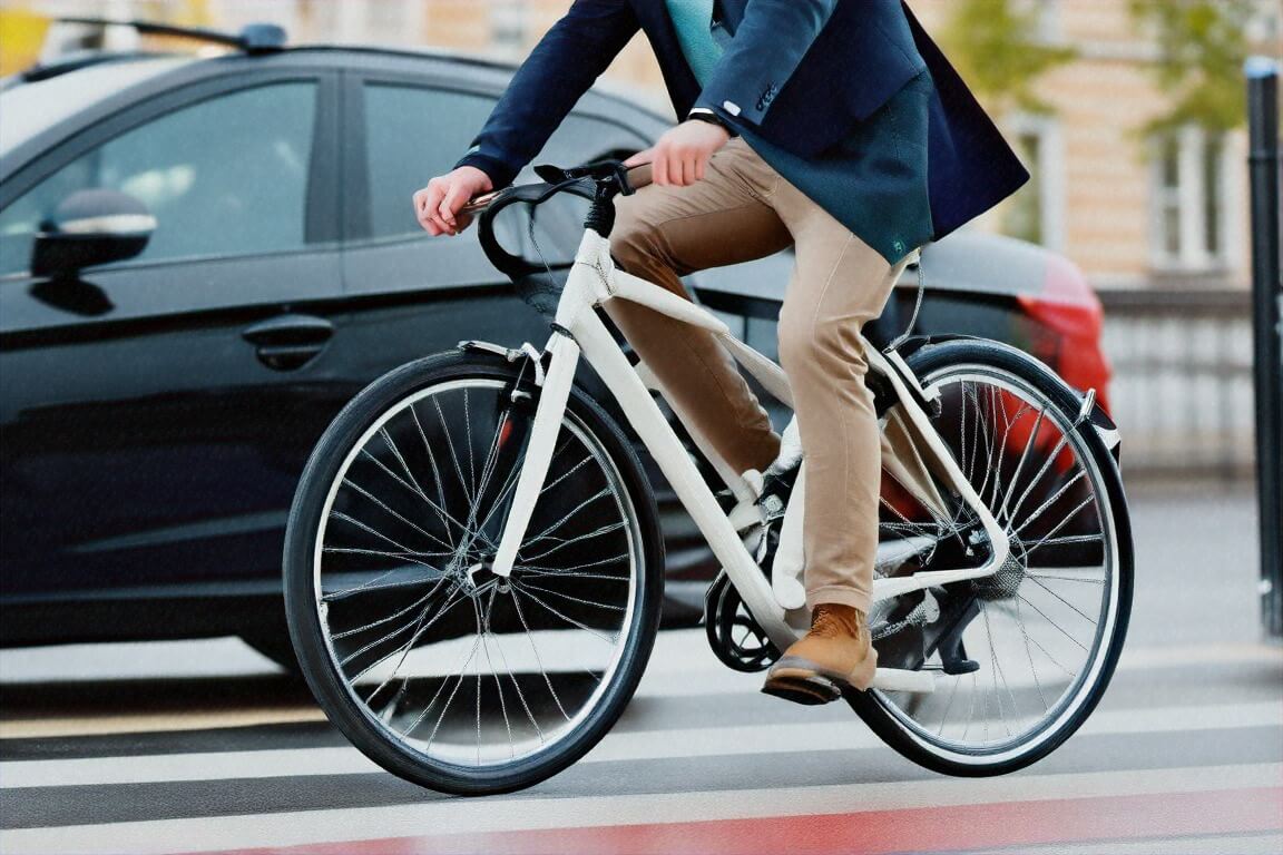 Cyclist on busy city street being overtaken by a car.