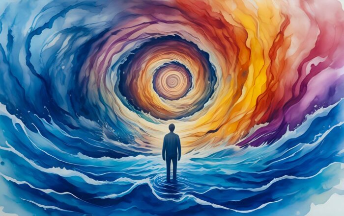 Abstract multicoloured swirls with silhouette of person.