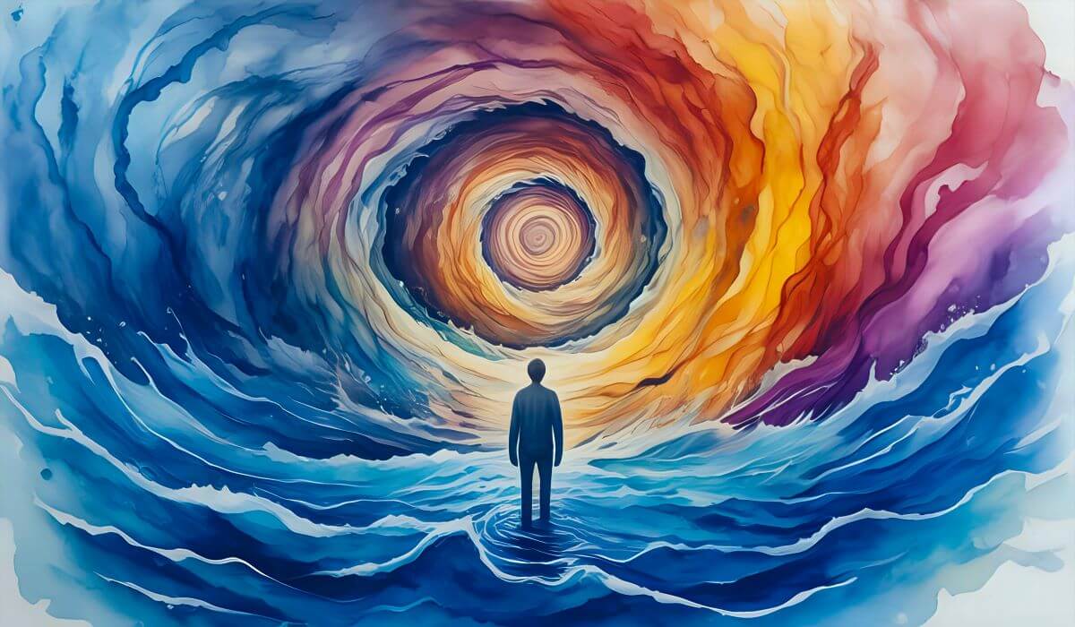Abstract multicoloured swirls with silhouette of person.